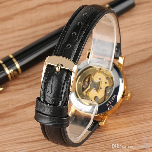 Noble Automatic-self-winding Mechanical Watch Golden Stainless Steel Skeleton Women Watches Premium Leather Strap Luminous Pointers Wristwat