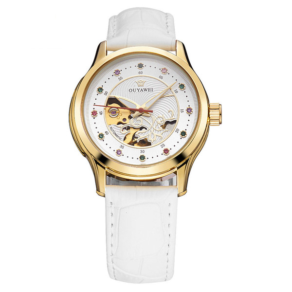 OUYAWEI Women Skeleton Streampunk Watches Ladies Mechanical Automatic Wrist Watches Women Leather Fashion Relogio Feminino OYW1708