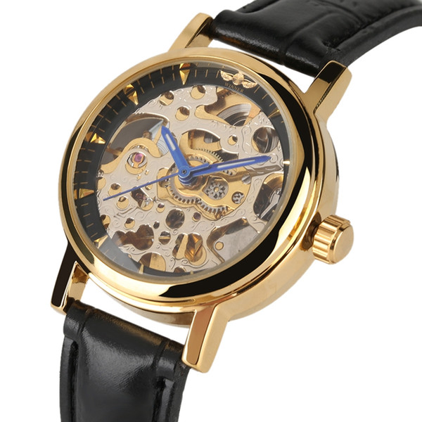Classic Automatic Movement Mechanical Watch Golden Stainless Steel Skeleton Women Watches Leather Band Water Resistant Wristwatch