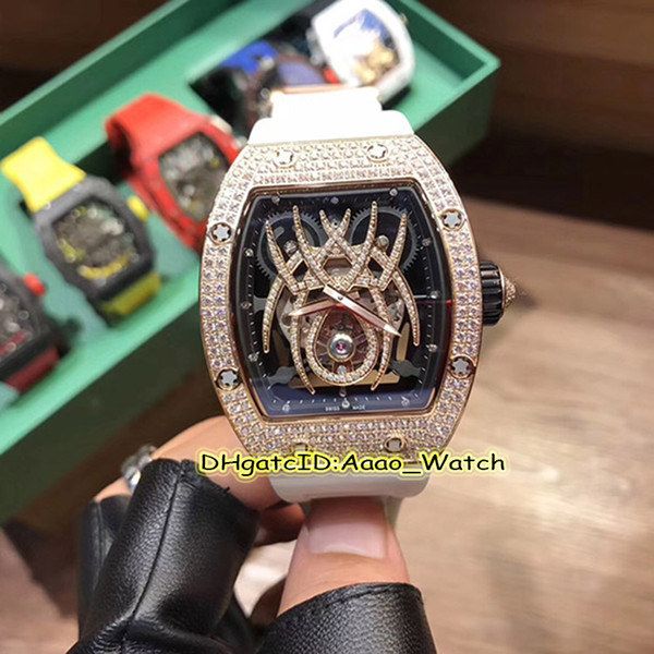 Luxry High Quality RM 19-01TOURBILLON NATALIE PORTMAN Skeleton Dial Miyota Automatic Lady Watches Rose Gold Diamond Case White Rubber strap