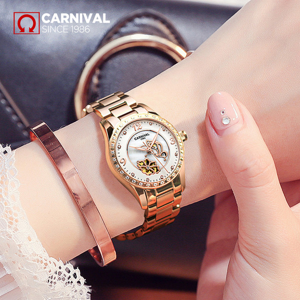 relogio feminino Top Brand CARNIVAL Automatic Watches Women Fashion Mechanical Wristwatch Rose Gold Luxury Skeleton Clock