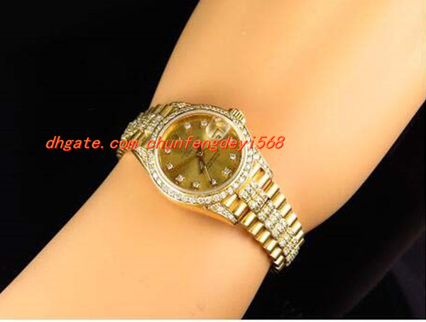 Fashion Luxury Wristwatch Excellent Ladies 27MM 18k Yellow Gold Diamond Watch Automatic Watch Watches
