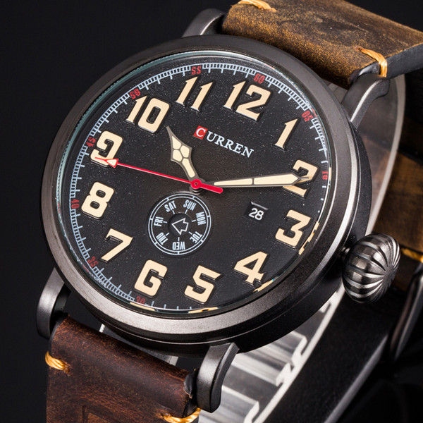 Male Clock CURREN Genuine Leather Strap Men's Wristwatch Display Week Date Quartz-Watch Fashion Business Men Watches
