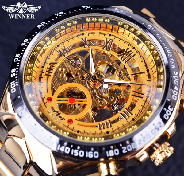 Winner Full Stainless Steel Gold Watch Number Bezel Sport Design Mens Watches Top Brand Luxury Automatic Mechanical Watch Clock