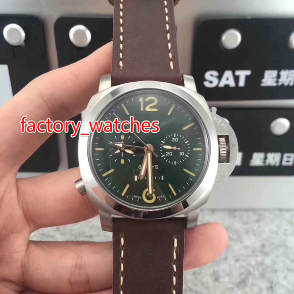 44MM luxury brand sport watches stainless steel case Brown leather strap full works gmt time mens watch free shipping