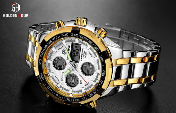 GOLDENHOUR Steel Business Men Watches Fashion Men Quartz Watch Date Week Display Wristwatch Analog Waterproof Male Clock Relogio