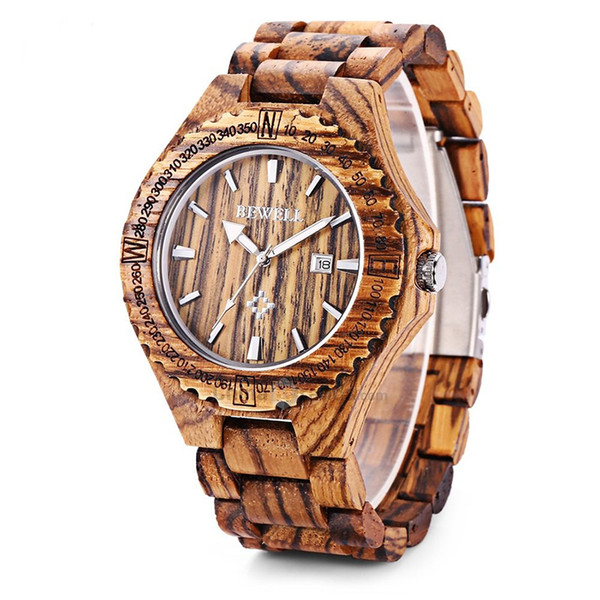 BEWELL ZS-W023A Mens Wooden Watch Lightweight Wood Band Calendar Japanese Analogue Quartz Wrist Watch (Multi Colors)