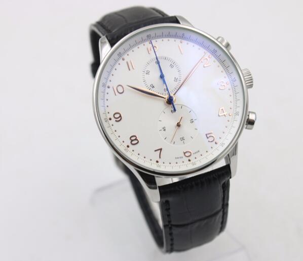 Wholesale -2016 NEW Luxury watch white Sapphire Portuguese Quartz Chronograph High quality Men's Watch Leather Band Watches