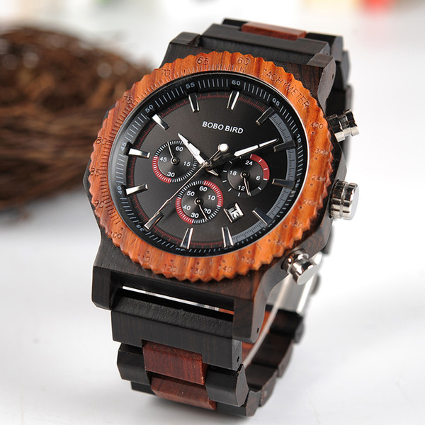 BOBO BIRD R15 51mm Big Size Men Watch Wood Luxury Chronograph Wristwatch Quality Quartz Movement Calendar Relogio Masculino