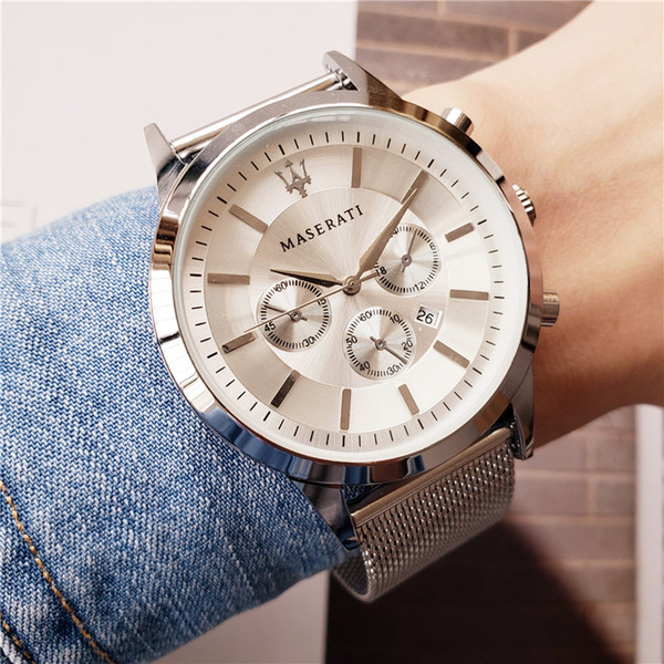 AAA+ Italy Brand Maserati Black Dial With Calendar Men's Dress Watches Durable Metal Mesh Band Magnet Movement Waterproof Clock Party Quartz