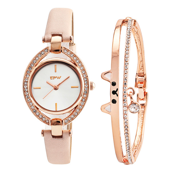 Top New Cut Cat Bangle With Fashion Lady Watch Cystal Shinny Style Japan Movement Rose Color Chain Bracelet Gift Set For Girls C19041202