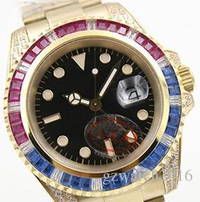 Luxury Brand Black Dial Golden Stainless Belt Whatches Blue and Red Diamond Irab Bezel Watch Mens Fashion Wrist Watches