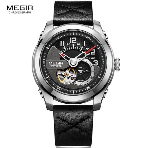 Mens Black Leather Strap Hand Wind Mechanical Watches Clock Relogios Masculino Waterproof Wristwatch for Man 62050GBK-1