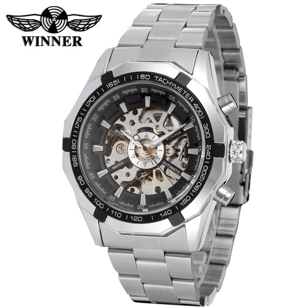 Winner Men's Watch New Top Quality Skeleton Automatic Stainless Steel Bracelet Fashion Wristwatch Color Black WRG8042M4T3 D18100706