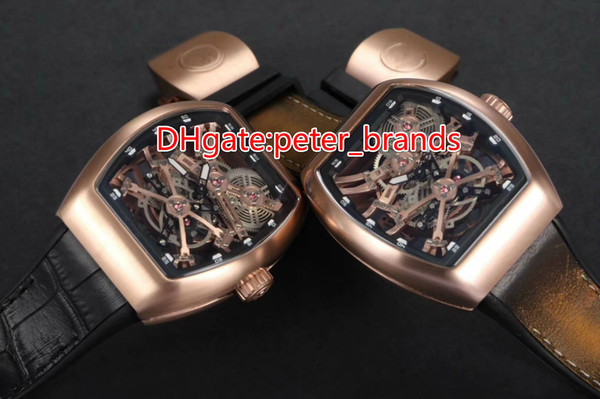 Hollow out tourbillon design watch rose gold case with Flywheel skeleton automatic 44x54mm luxury glass back wristwatch