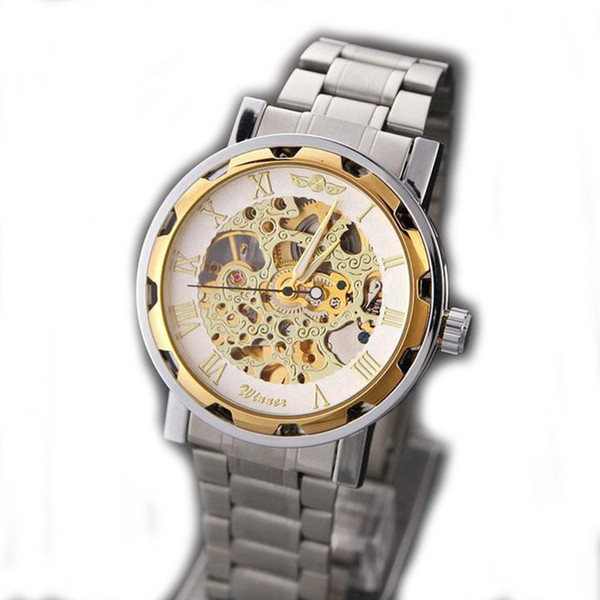 Free Shipping Cheap Winner Men watches Stainless Steel Band Skeleton Dial Mechanical Watch For Men Gold WristWatches