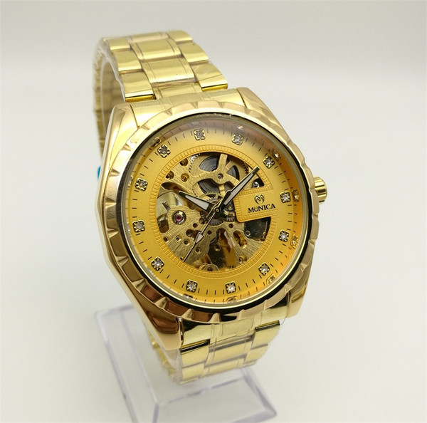 Automatic Mechanical Watch Men's Stainless Steel Strap With Hollow Ornaments Fashion Business Perspective Modern Golden Watch