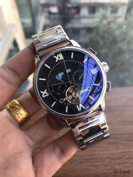 Wholesale -2018 new fashion brand men's mechanical watch steel belt hollowed gold full function wrist watch