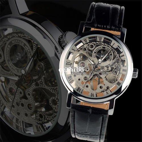 Free shipping Watch for 2013 New Hand-winding Skeleton Leather Mechanical Mens skeleton Watch Wholesales Good Quality