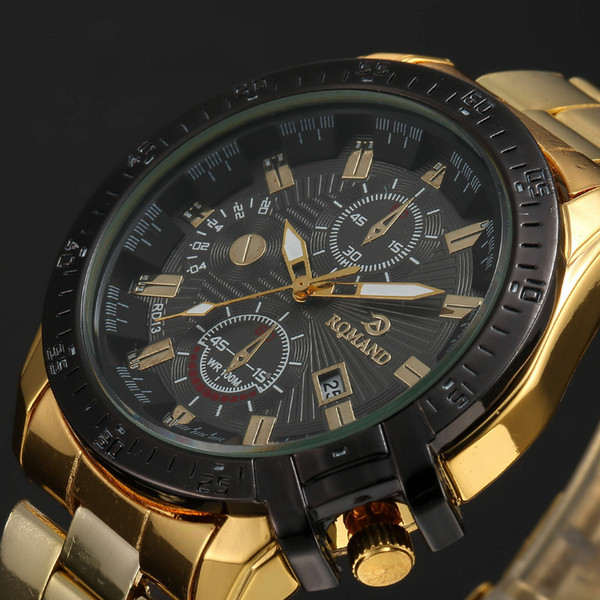 Luxury Mens Black Dial Gold Stainless Steel Date Quartz Analog Sport Wrist Watch