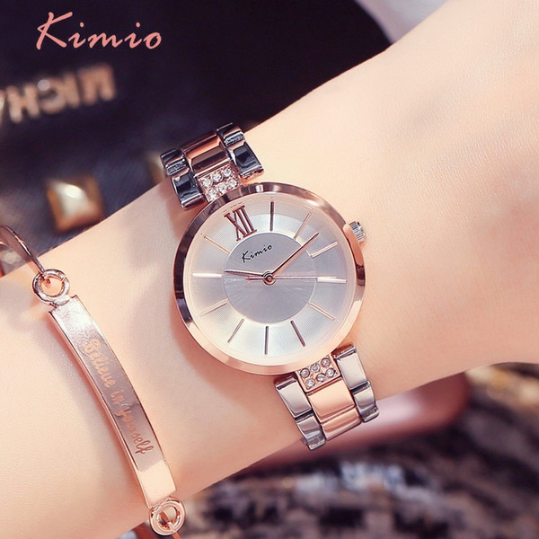 KIMIO Thin Clock Women Fashion Simple Watches Rhinestones Dress Woman Watch Rose Gold Quartz Ladies Women's Watch Wristwatch Y18102310