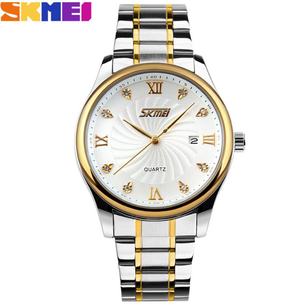 SKMEI Brand Men Watches Luxury Analog Quartz Wristwatches Auto Date Gold Dial Stainless Steel Band Relogio Masculino 9101