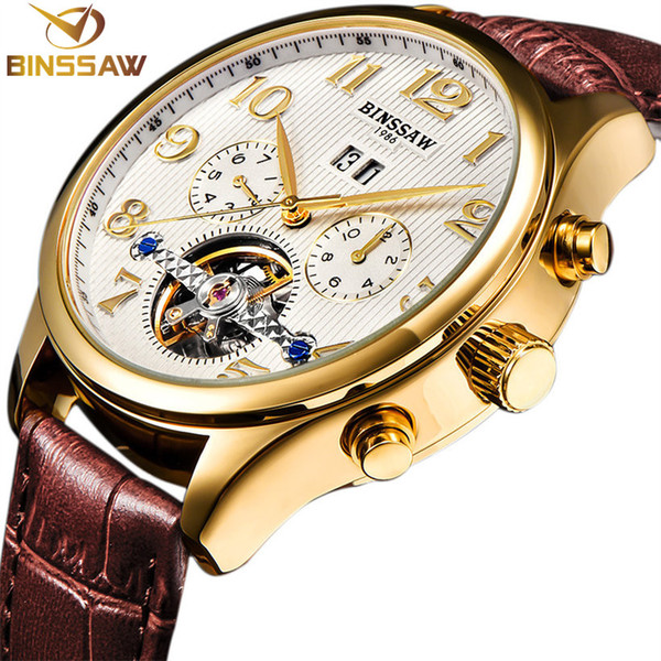 BINSSAW original luxury brand the tourbillon automatic mechanical watches men's fashion leather watch of wrist of business gifts