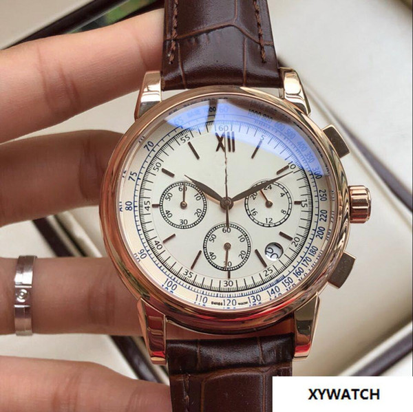 BROWN BELT QUARTZ DATE STOCK Chronograph cheap Rose gold 43MM CASE luxury sport men watch new Stainless steel Mens watches.