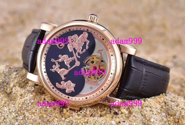 Classic Brands Rose Gold Stainelss Men Fashion Watch Genghis Khan Tourbillon Black Blue Dial Leather Mens Mechanical Automatic Wristwatches