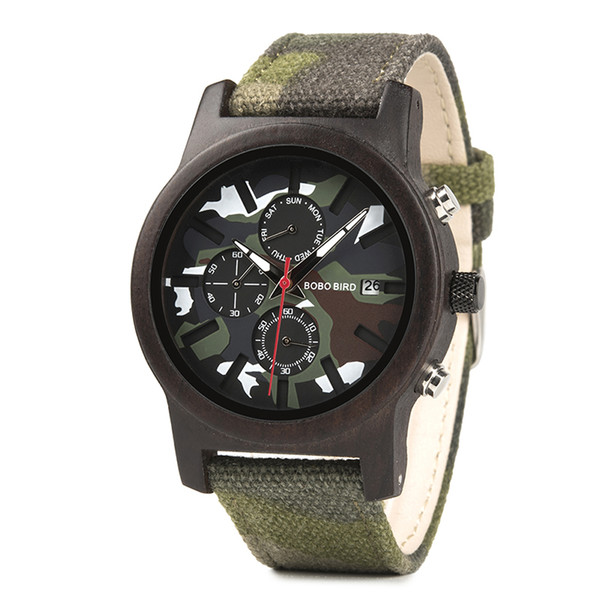 Saat erkek Man Watches Wooden Men Quartz Jungle Camo Camouflage BOBO BIRD Wristwatches Japanese Show Date Week Canvas Strap