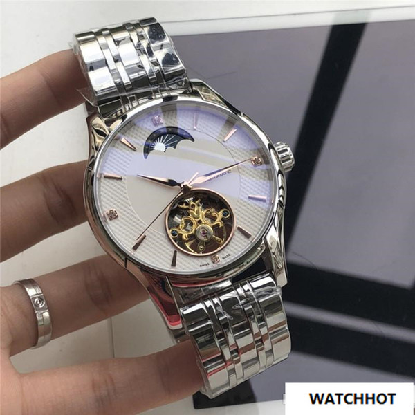 42mm Automatic Watches White Black Dial Gold Hands Stainless Steel Bracelet Hollow Mechanical Movement Men's Wristwatches Famous Brand O12