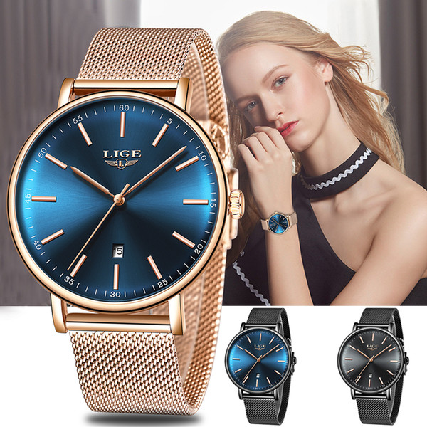 Lige Women Watches Top Brand Luxury Ladies Mesh Belt Ultra-thin Watch Stainless Steel Waterproof Clock Quartz Watch Reloj Mujer Y19051503