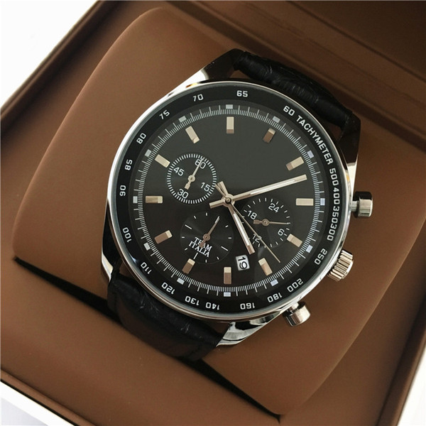 Big Dial 42mm Luxury Man black leather Watch All subdials work Stainless Steel Top Quality Watch Fashion Quartz Clock drop shipping