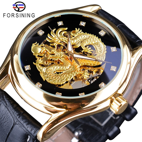 Forsining Diamond Design Men Watches Golden Dragon Display Luminous Hand Transparent Top Luxury Waterproof Automatic Mechanical Watch