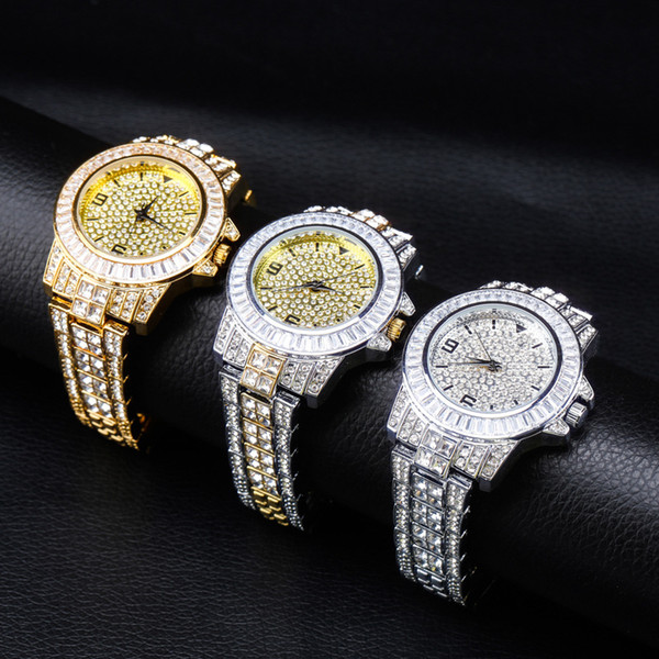 Trendy Fashion Men Wristwatches Luxury High Grade Sparkle CZ Stones Paved 18K Gold Plated Big Dial Plate Quartz Hip Hop Gold Watches