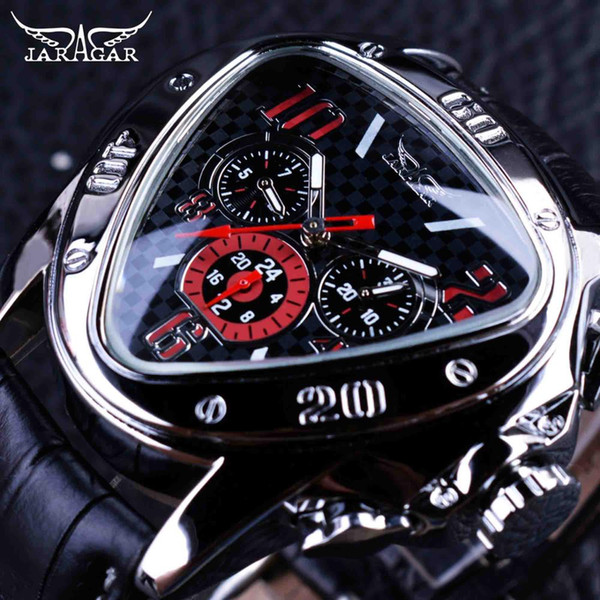 Jaragar Sport Racing Design Geometric Triangle Hollow Genuine Leather Strap Mens Watches Top Brand Luxury Automatic Date Day Wristwatch