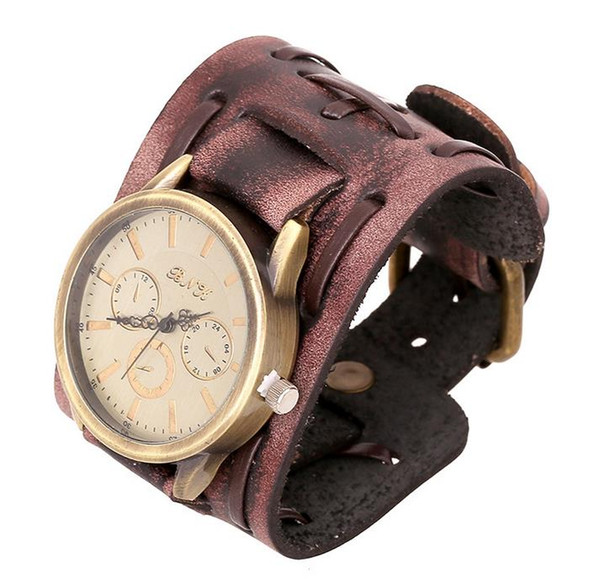 Vintage genuine leather bracelet watch fashion punk men teens quartz wristwatches wristband cuff bangle party festive gift black brown