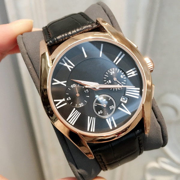 Luxury Fashion man Leather Watches Stainless steel Classic Quartz Watch Rose gold black Sport Wristwatches Japan Movement All Subdials Work