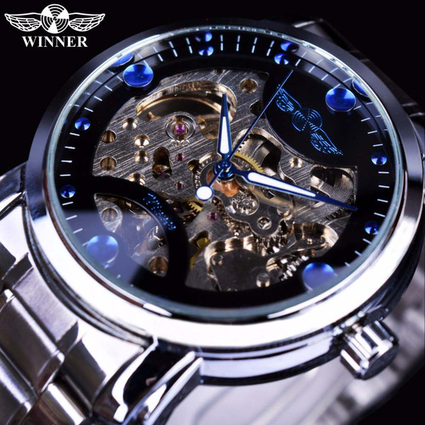 Winner Blue Ocean Fashion Casual Design Mens Watches Silver Stainless Steel Men Automatic Skeleton Watch Luxury Mechanical Movement Clock