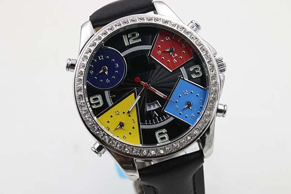 fashion Sport Five Time Zone Diamond black Watch Watches mens bucklet quartz movement leather belt watches
