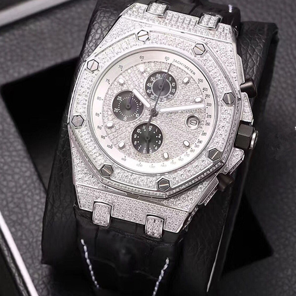 High quality full diamond machine quartz watch automatic watch, gold shell, stainless steel, diamond fashion leather strap