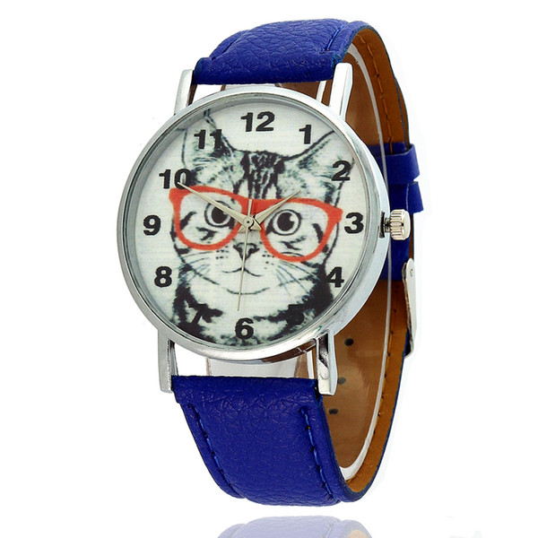 Wristwatches Glasses Cat Fashion Dress Watches Men's Women's Leather Quartz Watch Personality Casual Vintage Watch Relogio W0943