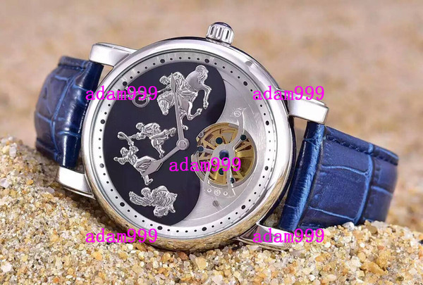 Top Brand New Mens Luxury Automatic Watch Stainelss Genghis Khan Tourbillon Black Blue Face Leather Strap For Men Mechanical Wristwatch Sale