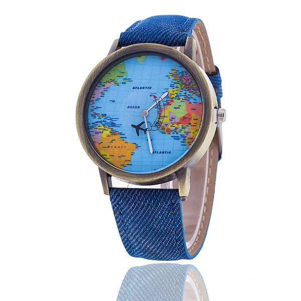 Unisex men leather world map watch fashion plane printing ladies cowboy dress quartz wrist watches for women ladies