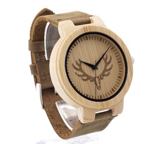 Mens Deer Head Design Buck Bamboo Wooden Watches Luxury Wood Watches With Soft Leather Strap for Men Women