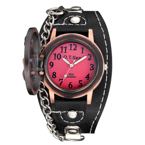 Luxury Copper Skull PU Leather Watch Men Women Fashion Puck Rock Chain Wristwatch With Cover Bracelet Watches