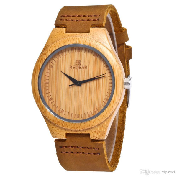Natural Retro Men's Bamboo Wooden Watch with Brown Cowhide Leather Strap Woman ,lovers watches Japanese Quartz Movement Casual Watches