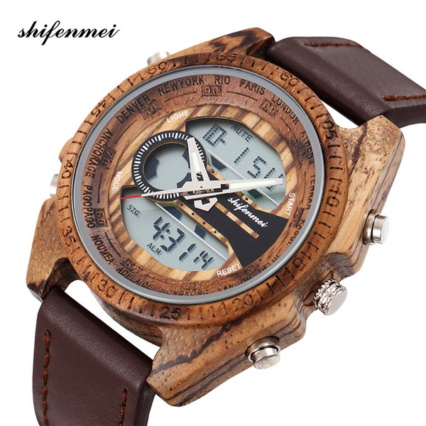 wholesale 2139-1 Wooden Men's Watches Digital Men's watch LED Double display Luminous Hand Wood Watch Leather Bracelet Wristband