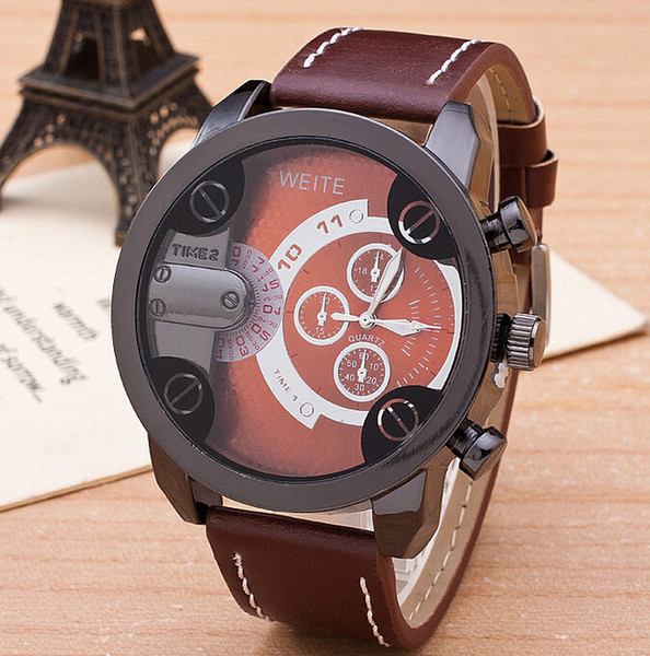 Antique leather big dial half circle wristwatch luxury men's business quartz watch fashion sports 3 circle watches bangle party festive gift