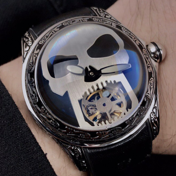 Luxury Mens Watches automatic 45 mm Florence carved case mechanical skull gear face watches for men Free shipping with watch box A13-1